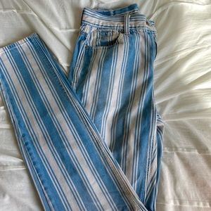 blue and white striped mom fit jeans